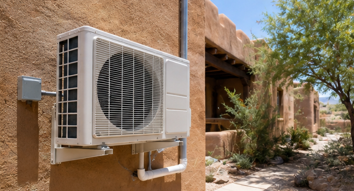 outdoor mini split condenser unit on exterior of santa fe home